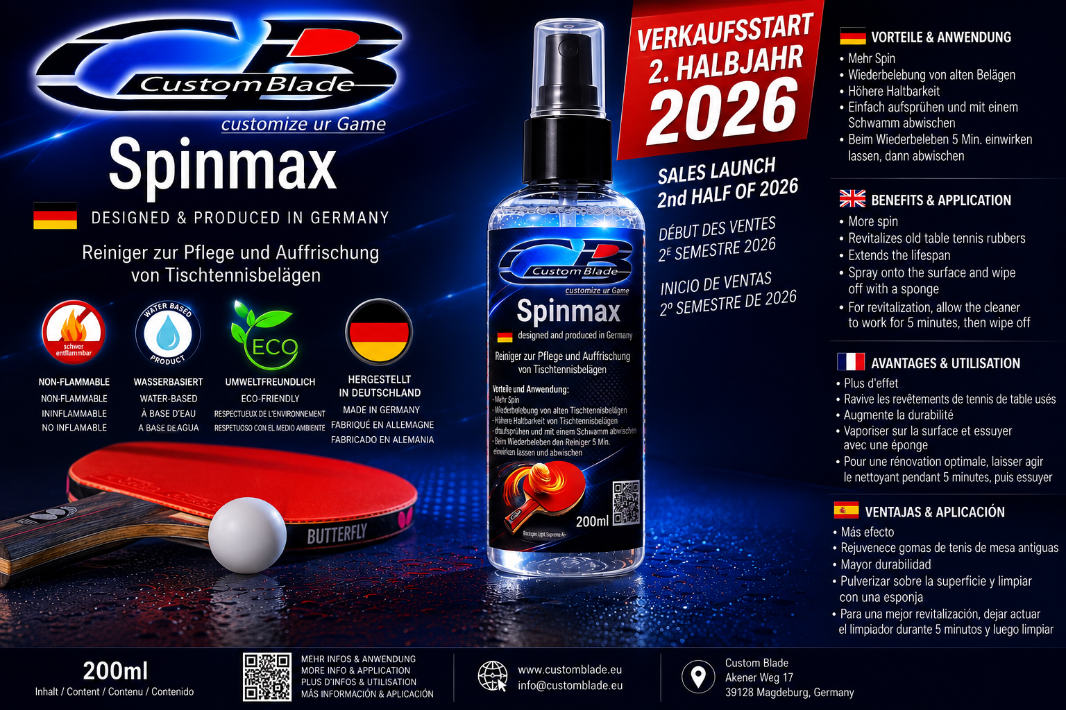 Custom Blade Spinmax – Reiniger zur Pflege und Auffrischung von Tischtennisbelägen
